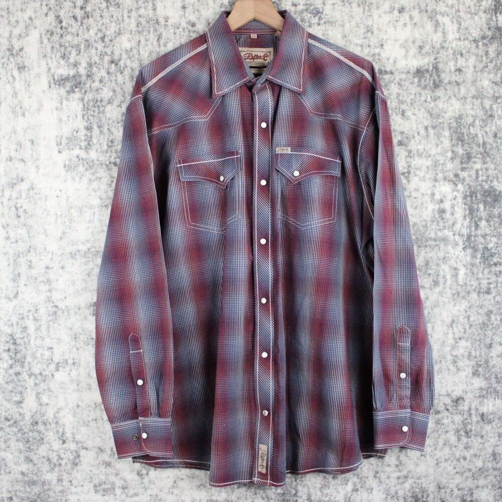 Rafter C Shirt Mens 2XL Red Blue Plaid Long Sleeve Pearl Snap Western Cowboy